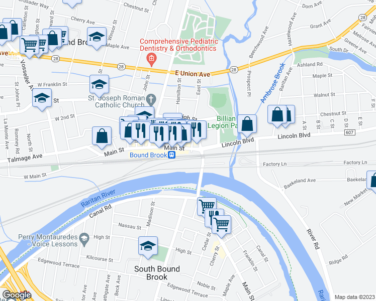 map of restaurants, bars, coffee shops, grocery stores, and more near 426 County Road 533 in Bound Brook