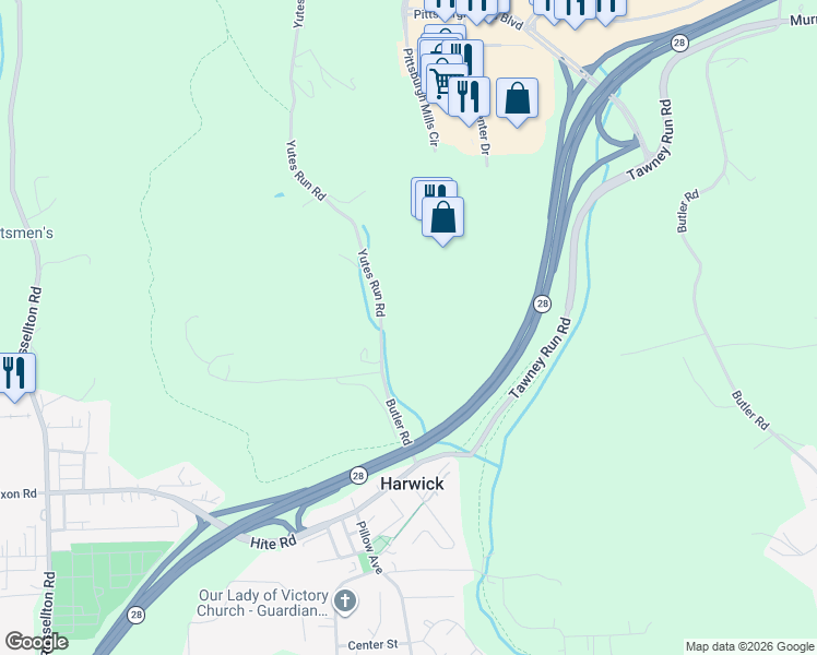 map of restaurants, bars, coffee shops, grocery stores, and more near 1111 Yutes Run Road in Harwick