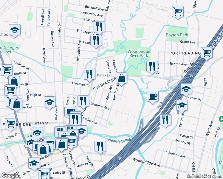 map of restaurants, bars, coffee shops, grocery stores, and more near 604 Almon Avenue in Woodbridge Township