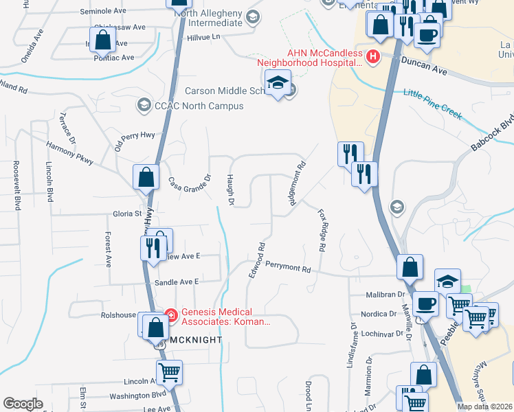 map of restaurants, bars, coffee shops, grocery stores, and more near 338 Haugh Dr in Pittsburgh