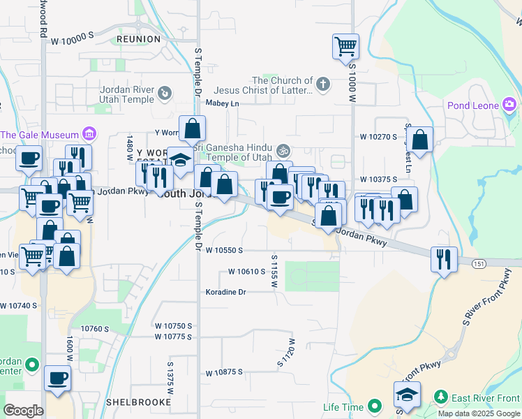 map of restaurants, bars, coffee shops, grocery stores, and more near 1153 South Jordan Parkway in South Jordan