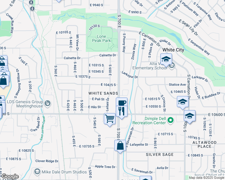 map of restaurants, bars, coffee shops, grocery stores, and more near 10465 Leilani Drive in Sandy