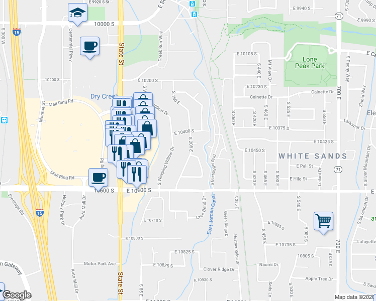 map of restaurants, bars, coffee shops, grocery stores, and more near 10454 Golden Willow Drive in Sandy