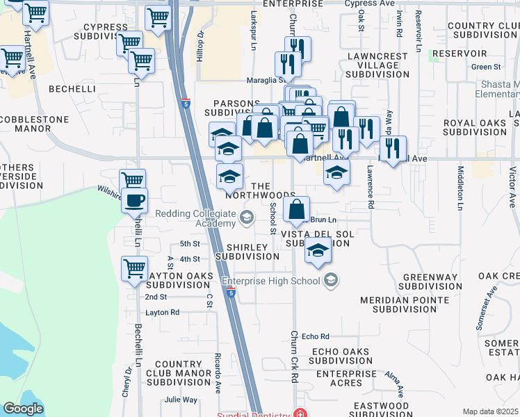 map of restaurants, bars, coffee shops, grocery stores, and more near 3158 School Street in Redding