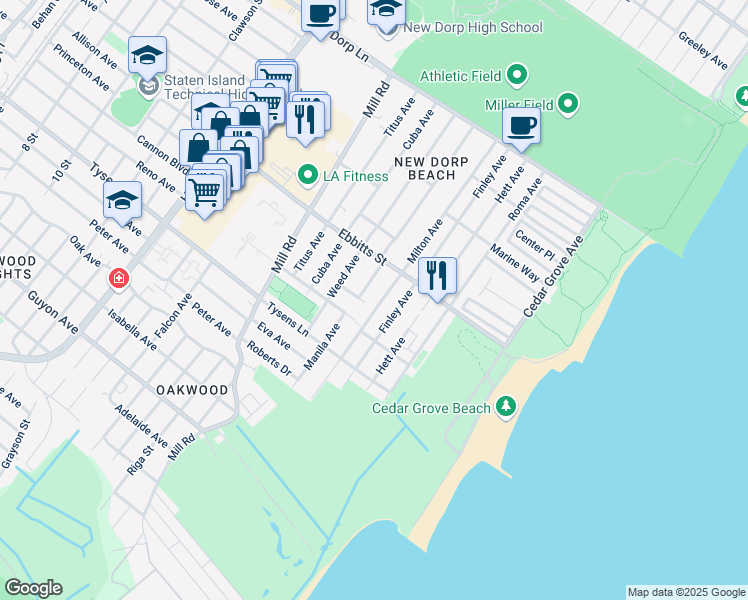 map of restaurants, bars, coffee shops, grocery stores, and more near 233 Milton Avenue in Staten Island
