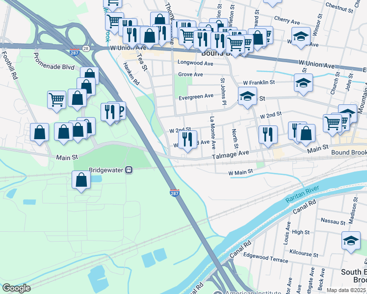 map of restaurants, bars, coffee shops, grocery stores, and more near 536 Wheatland Avenue in Bound Brook