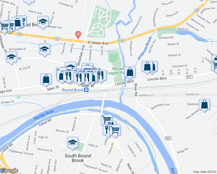 map of restaurants, bars, coffee shops, grocery stores, and more near 530 South Main Street in Bound Brook