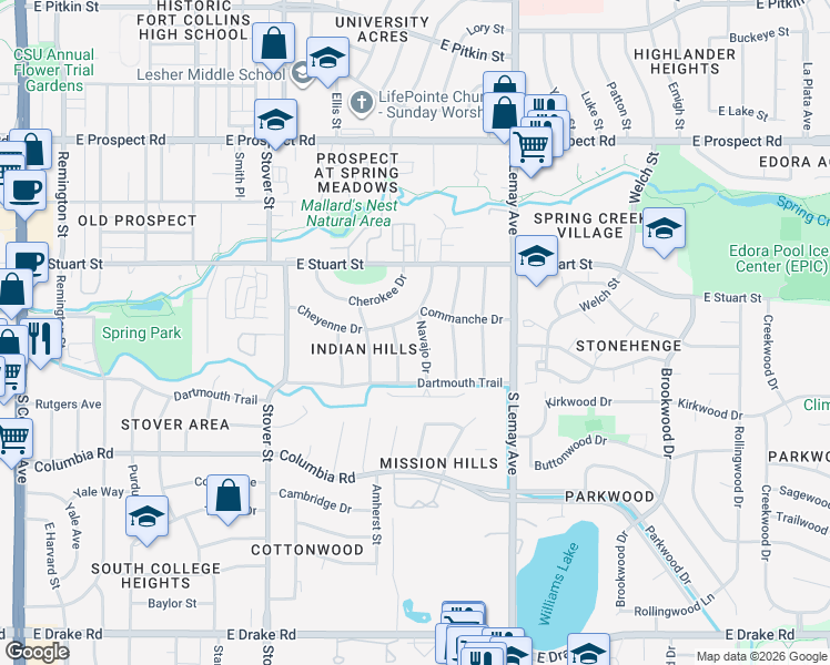 map of restaurants, bars, coffee shops, grocery stores, and more near 1905 Navajo Drive in Fort Collins