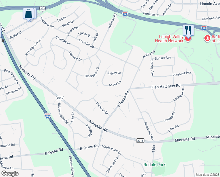 map of restaurants, bars, coffee shops, grocery stores, and more near 4250 Ascot Cir in Allentown