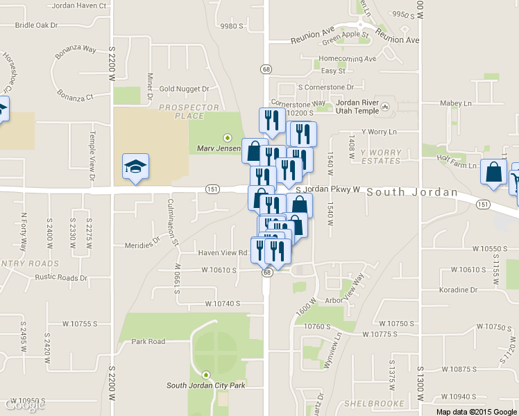 map of restaurants, bars, coffee shops, grocery stores, and more near 10452 South Redwood Road in South Jordan