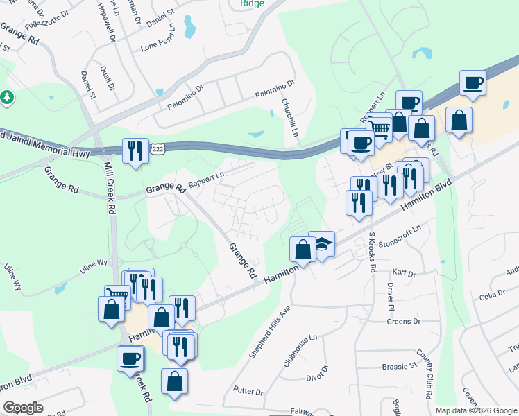map of restaurants, bars, coffee shops, grocery stores, and more near 1170 Grange Road in Allentown