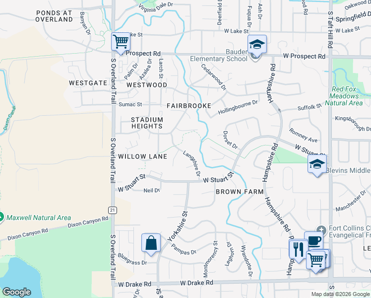 map of restaurants, bars, coffee shops, grocery stores, and more near 2006 Langshire Drive in Fort Collins