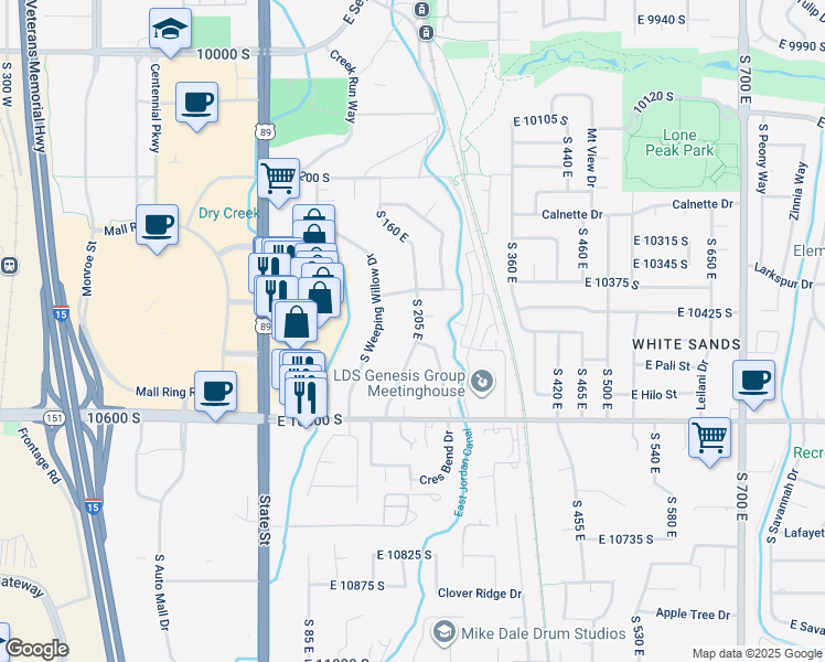 map of restaurants, bars, coffee shops, grocery stores, and more near 10454 Golden Willow Drive in Sandy