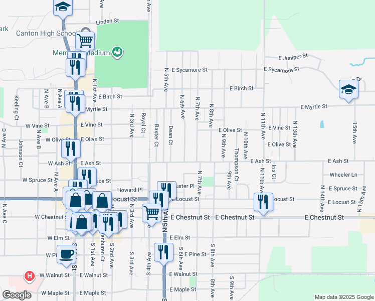 map of restaurants, bars, coffee shops, grocery stores, and more near 459 North 6th Avenue in Canton