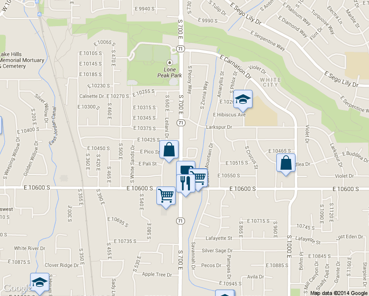 map of restaurants, bars, coffee shops, grocery stores, and more near 10454 Sand Dollar Drive in Sandy