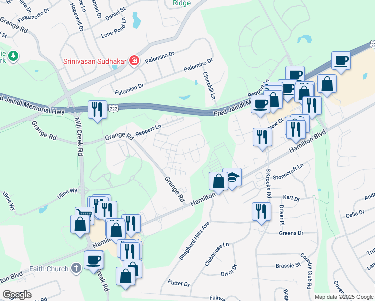 map of restaurants, bars, coffee shops, grocery stores, and more near 1170 Grange Road in Allentown