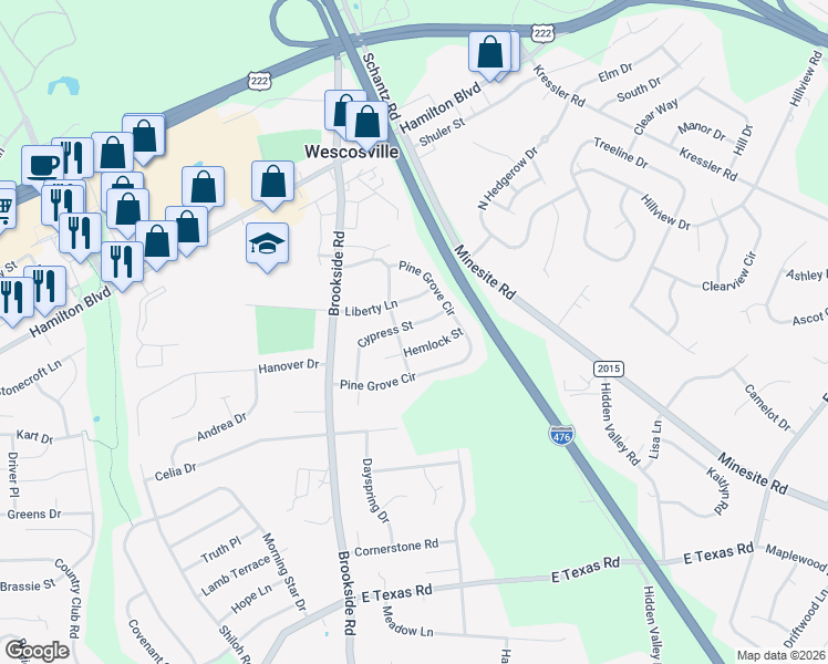 map of restaurants, bars, coffee shops, grocery stores, and more near 4914 Cypress Street in Wescosville