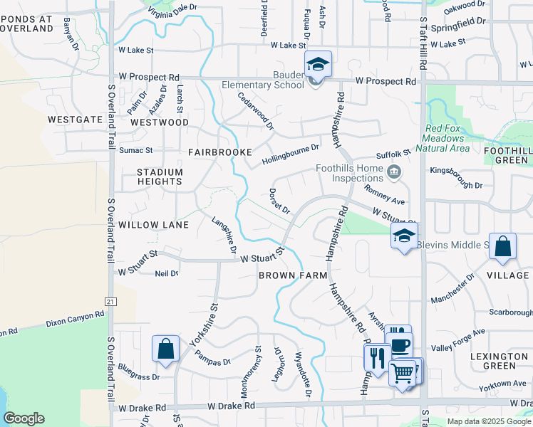 map of restaurants, bars, coffee shops, grocery stores, and more near 2524 Romeldale Lane in Fort Collins