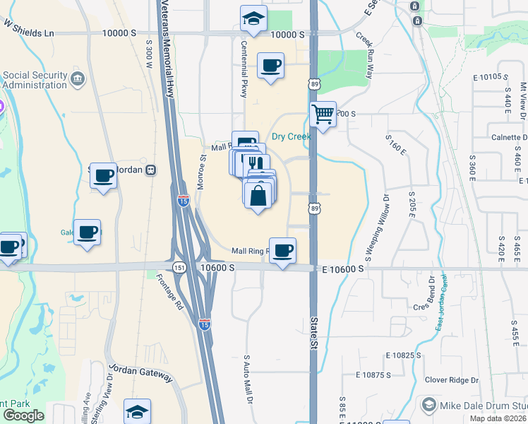 map of restaurants, bars, coffee shops, grocery stores, and more near 10450 South State Street in Sandy