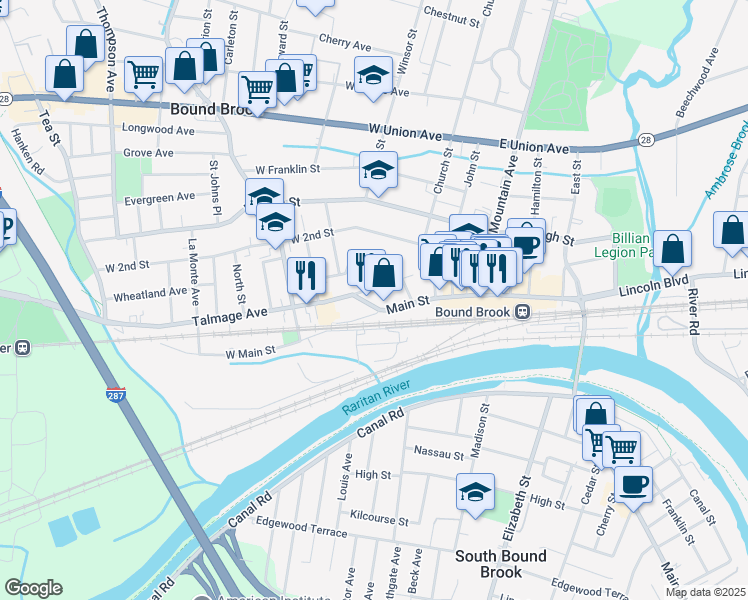 map of restaurants, bars, coffee shops, grocery stores, and more near 8 Columbus Pl in Bound Brook