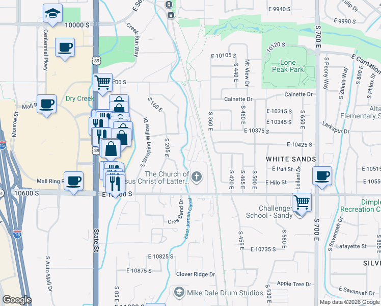 map of restaurants, bars, coffee shops, grocery stores, and more near 10462 South Sandy Sage Way in Sandy