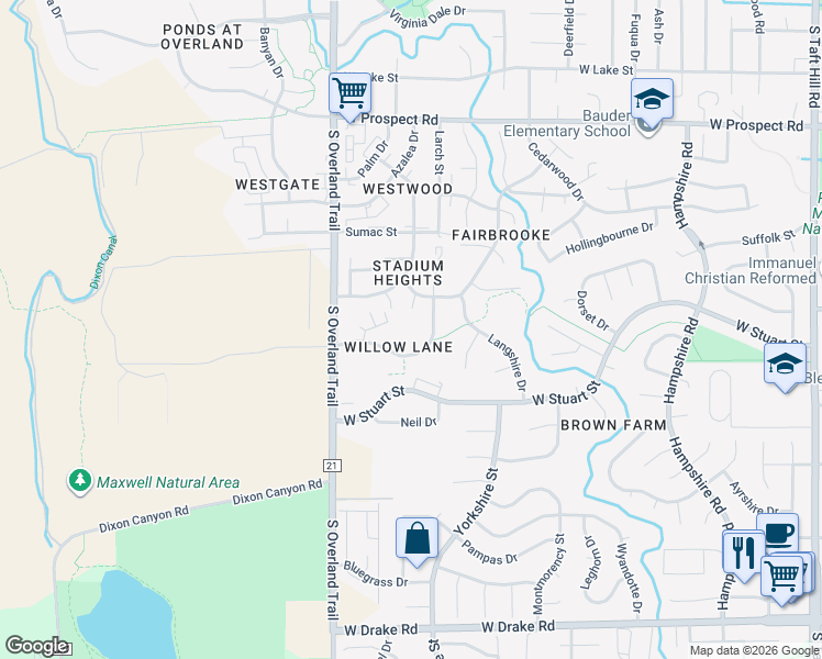 map of restaurants, bars, coffee shops, grocery stores, and more near 2900 Ross Drive in Fort Collins