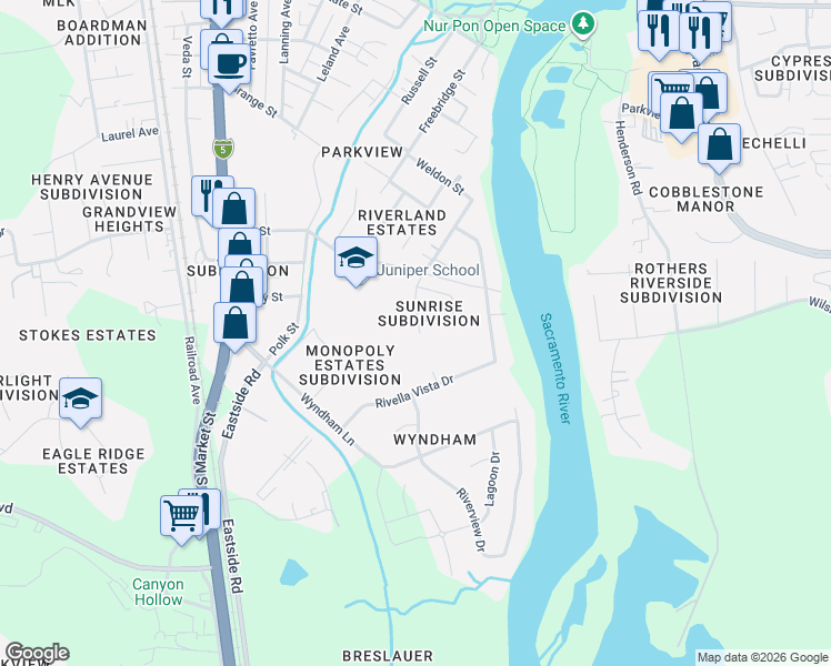 map of restaurants, bars, coffee shops, grocery stores, and more near 3122 Dove St in Redding