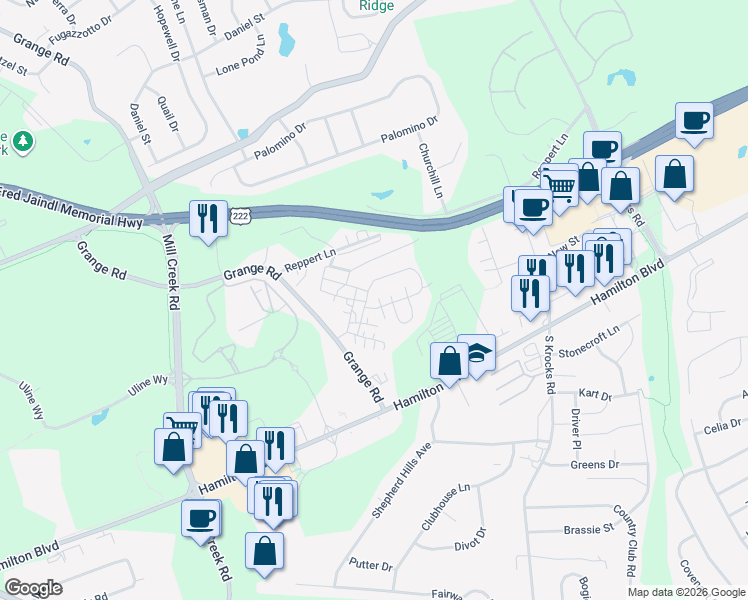 map of restaurants, bars, coffee shops, grocery stores, and more near 1170 Grange Road in Allentown