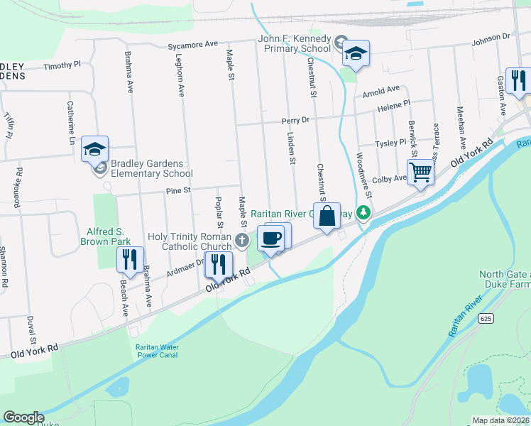 map of restaurants, bars, coffee shops, grocery stores, and more near 78 Oak Street in Bridgewater Township