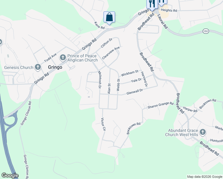 map of restaurants, bars, coffee shops, grocery stores, and more near 5620 Alan Street in Aliquippa