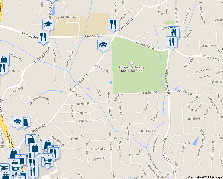 map of restaurants, bars, coffee shops, grocery stores, and more near 8262 Vivian Dr in Pittsburgh