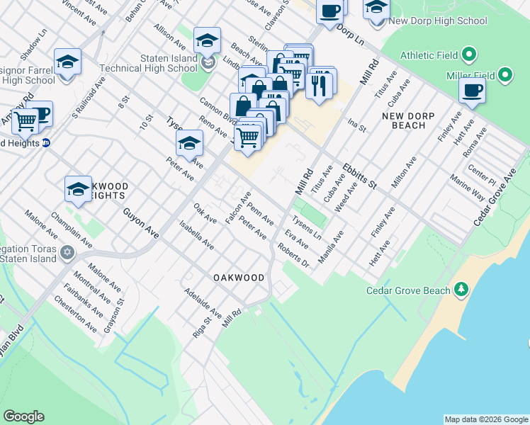 map of restaurants, bars, coffee shops, grocery stores, and more near 349 Penn Avenue in Staten Island