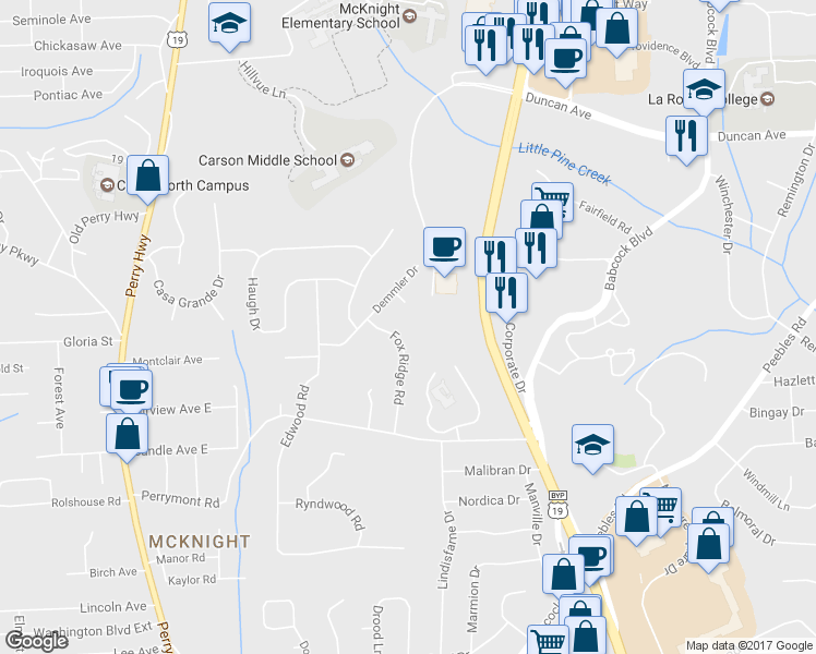 map of restaurants, bars, coffee shops, grocery stores, and more near 8270 Fox Ridge Road in Pittsburgh