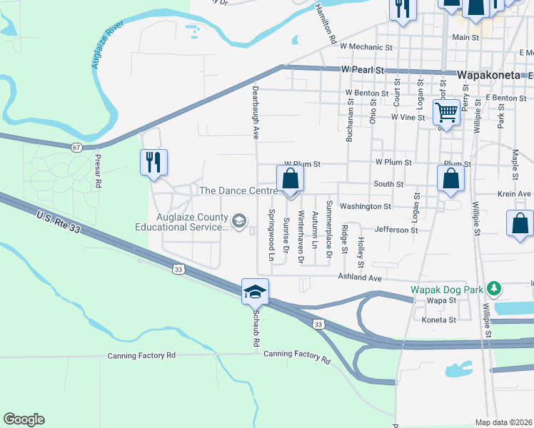 map of restaurants, bars, coffee shops, grocery stores, and more near 907 Springwood Lane in Wapakoneta