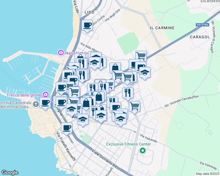 map of restaurants, bars, coffee shops, grocery stores, and more near 150 Via Giuseppe Mazzini in Alghero