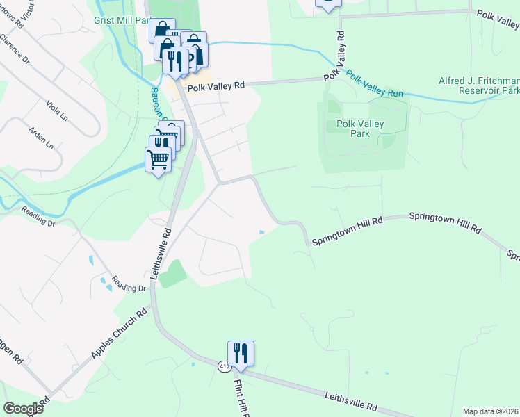 map of restaurants, bars, coffee shops, grocery stores, and more near 2020 Springtown Hill Road in Hellertown