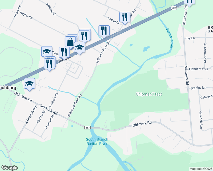 map of restaurants, bars, coffee shops, grocery stores, and more near 142 North Branch River Road in Branchburg
