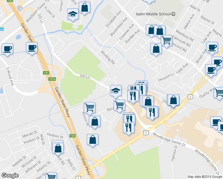 map of restaurants, bars, coffee shops, grocery stores, and more near 327-399 Gill Lane in Woodbridge Township