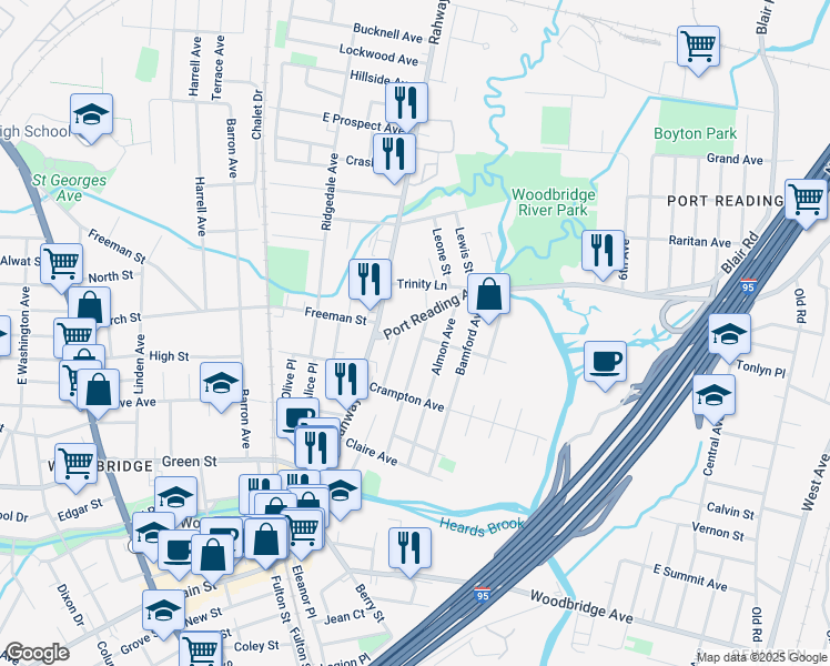 map of restaurants, bars, coffee shops, grocery stores, and more near 599 Garden Avenue in Woodbridge Township