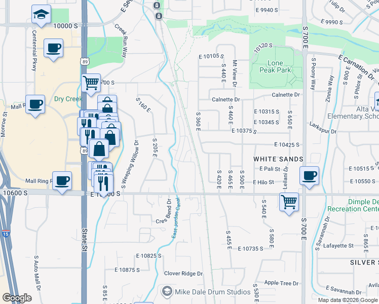 map of restaurants, bars, coffee shops, grocery stores, and more near 10441 South Beetdigger Boulevard in Sandy