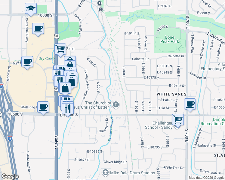 map of restaurants, bars, coffee shops, grocery stores, and more near 10462 South Sandy Sage Way in Sandy