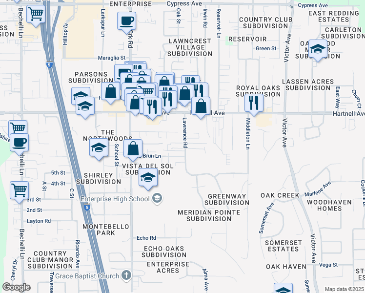 map of restaurants, bars, coffee shops, grocery stores, and more near 3152 Lawrence Road in Redding