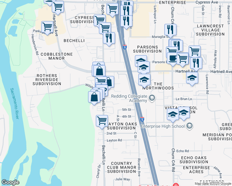 map of restaurants, bars, coffee shops, grocery stores, and more near 545 Wilshire Drive in Redding