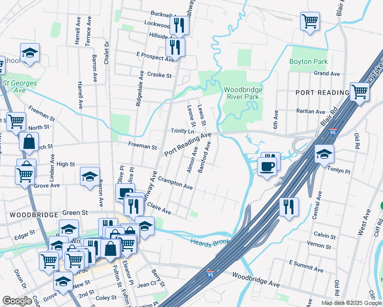 map of restaurants, bars, coffee shops, grocery stores, and more near 604 Almon Avenue in Woodbridge Township
