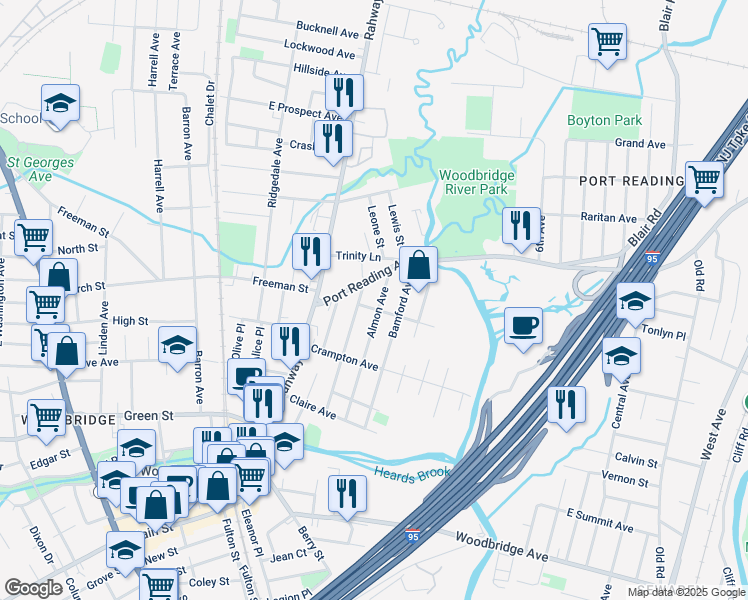 map of restaurants, bars, coffee shops, grocery stores, and more near 604 Almon Avenue in Woodbridge Township