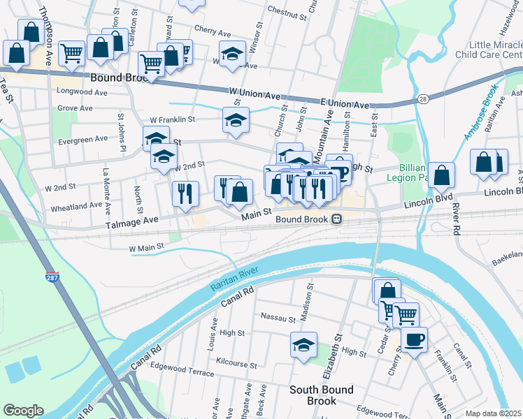 map of restaurants, bars, coffee shops, grocery stores, and more near 17-19 Main Street in Bound Brook