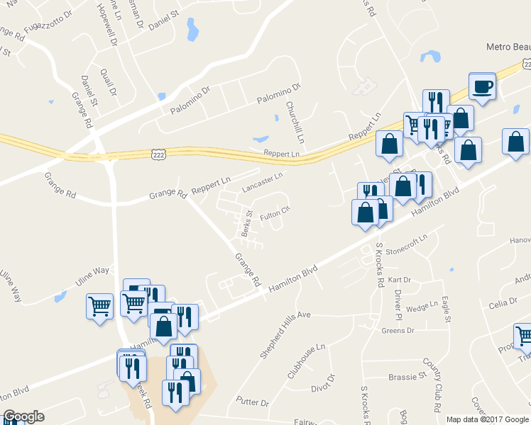 map of restaurants, bars, coffee shops, grocery stores, and more near 1170 Grange Road in Allentown
