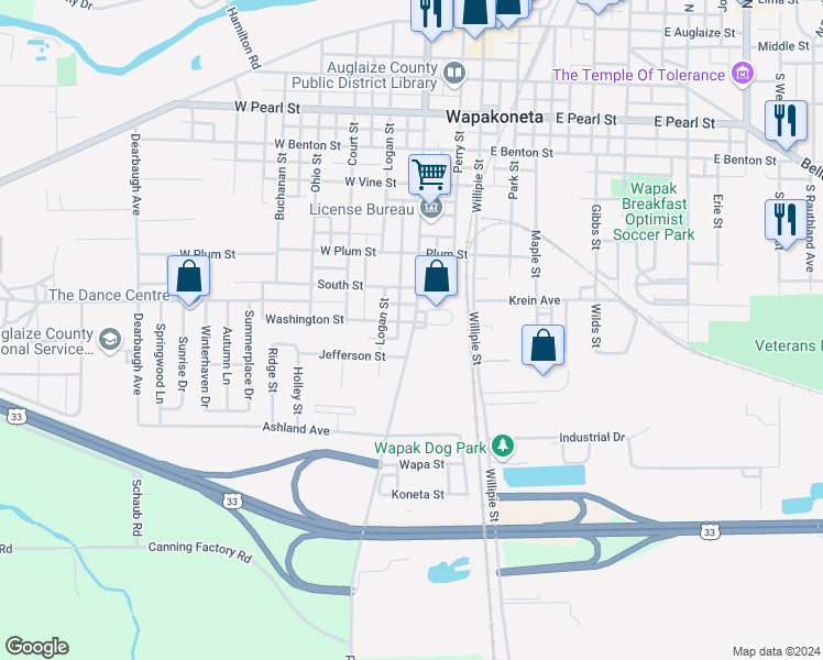 map of restaurants, bars, coffee shops, grocery stores, and more near 906-912 South Blackhoof Street in Wapakoneta