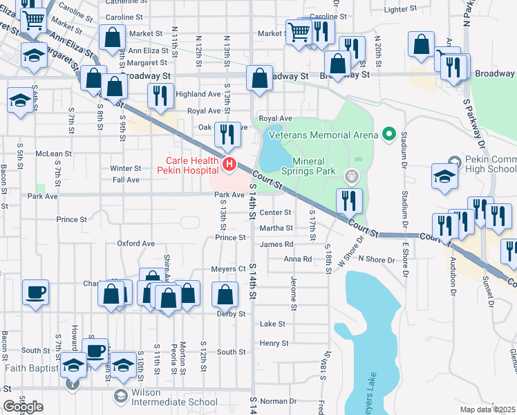 map of restaurants, bars, coffee shops, grocery stores, and more near 1403 Center Street in Pekin