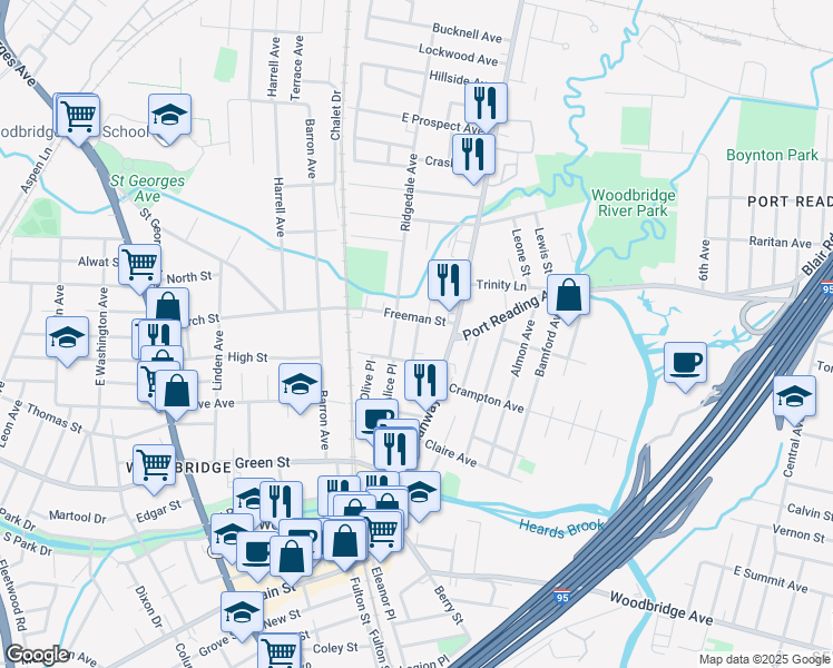map of restaurants, bars, coffee shops, grocery stores, and more near 591 Ellis Place in Woodbridge Township